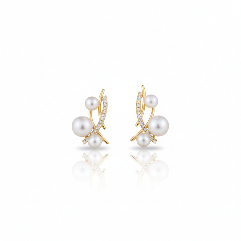 Forest Bloom River and Dawn Dew Freshwater Pearl Stud Earrings in 18K Gold Vermeil