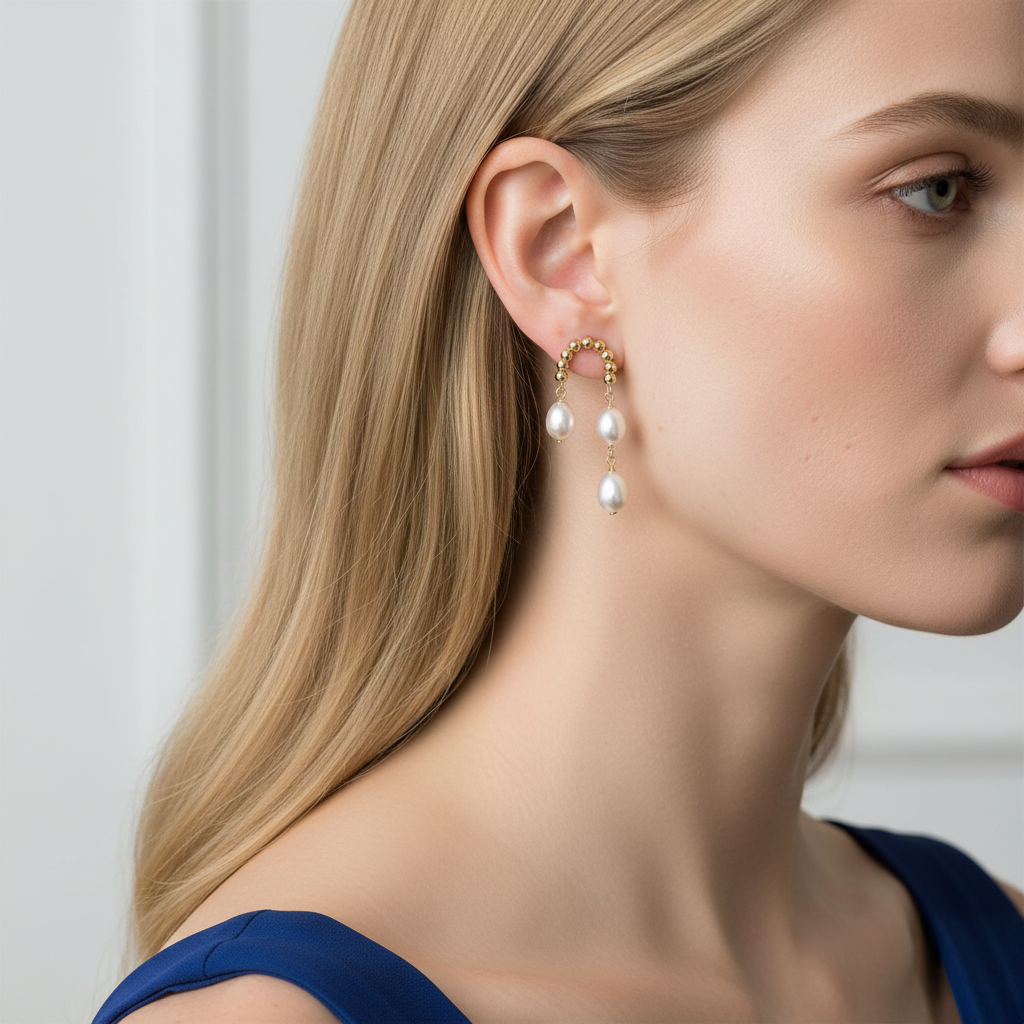 Daily Grace Curved Gold Ball Freshwater Pearl Earrings in 18K Gold