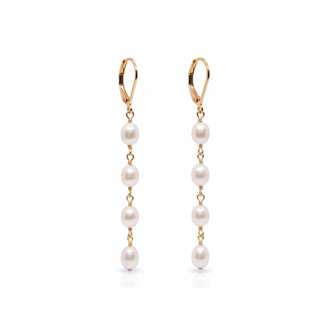 Chic Escape Freshwater Pearl Linear Long Drop Earrings in 18K Gold