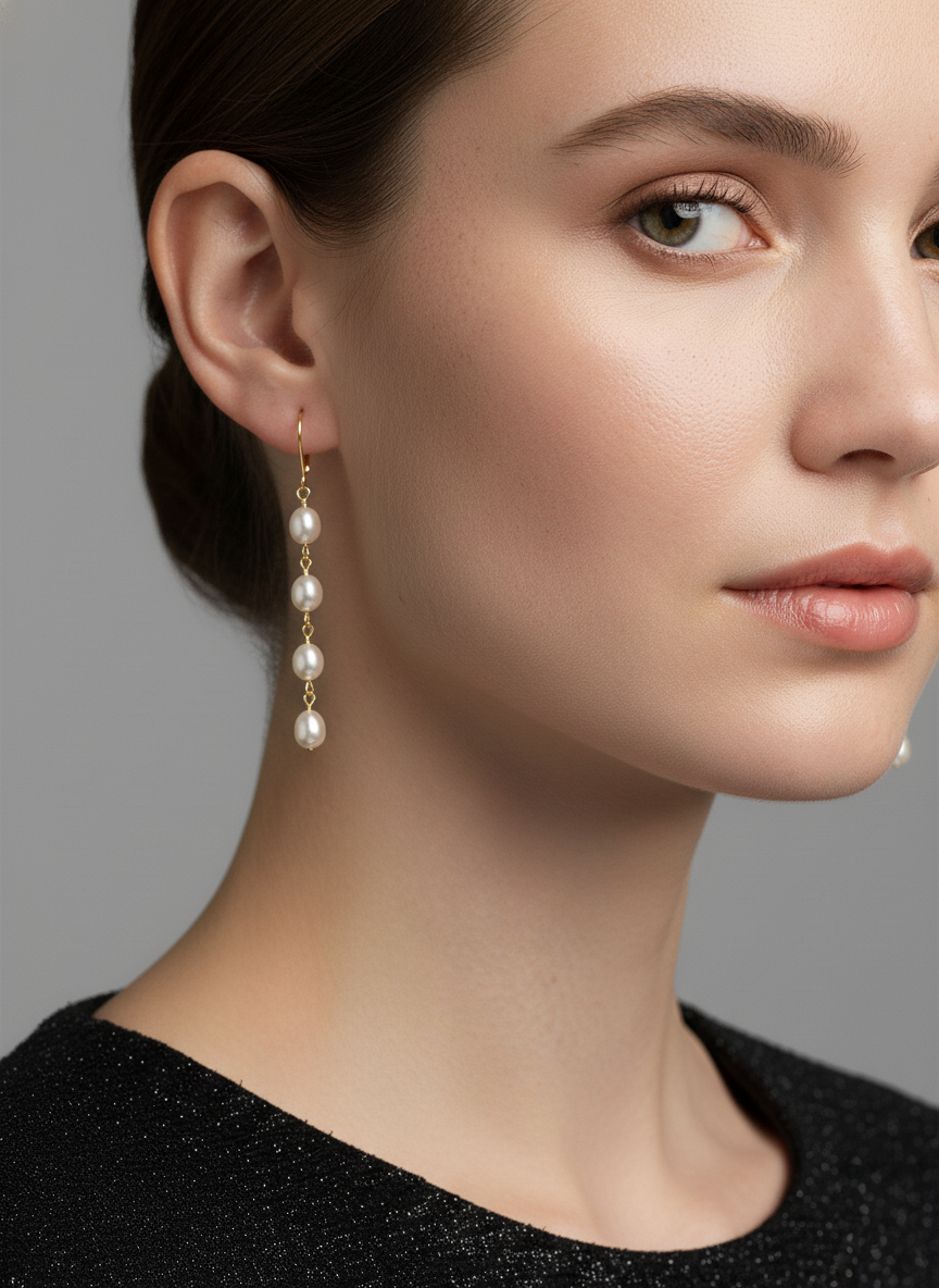 Chic Escape Freshwater Pearl Linear Long Drop Earrings in 18K Gold
