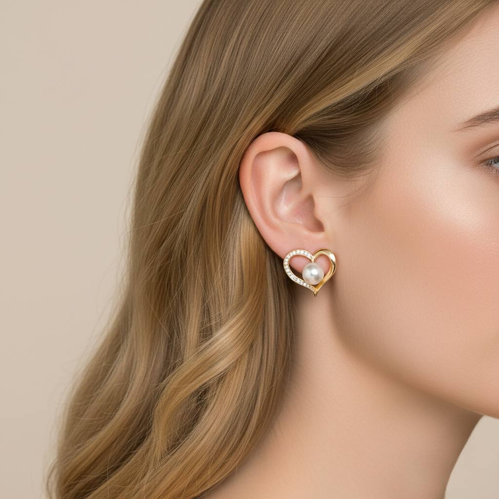 Lumina Heart Sparkling Heart Freshwater Pearl Stud Earrings in 18K Gold Vermeil