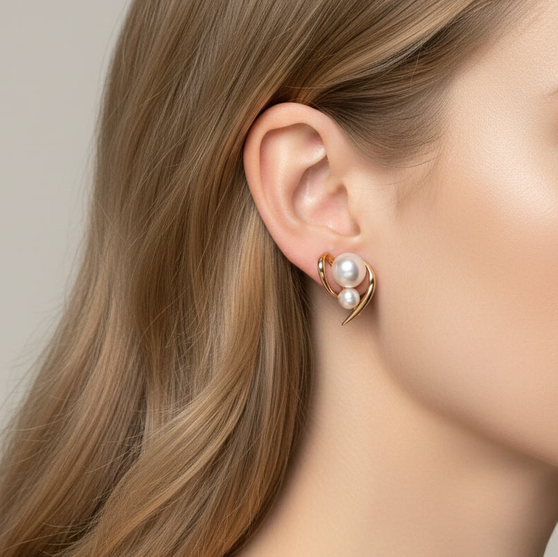 Lumina Heart Golden Wave Double Freshwater Pearl Stud Earrings in 18K Gold Vermeil