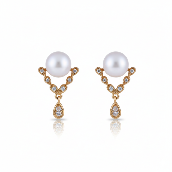 Chic Escape Diadem Freshwater Pearl Drop Earrings in 18K Gold
