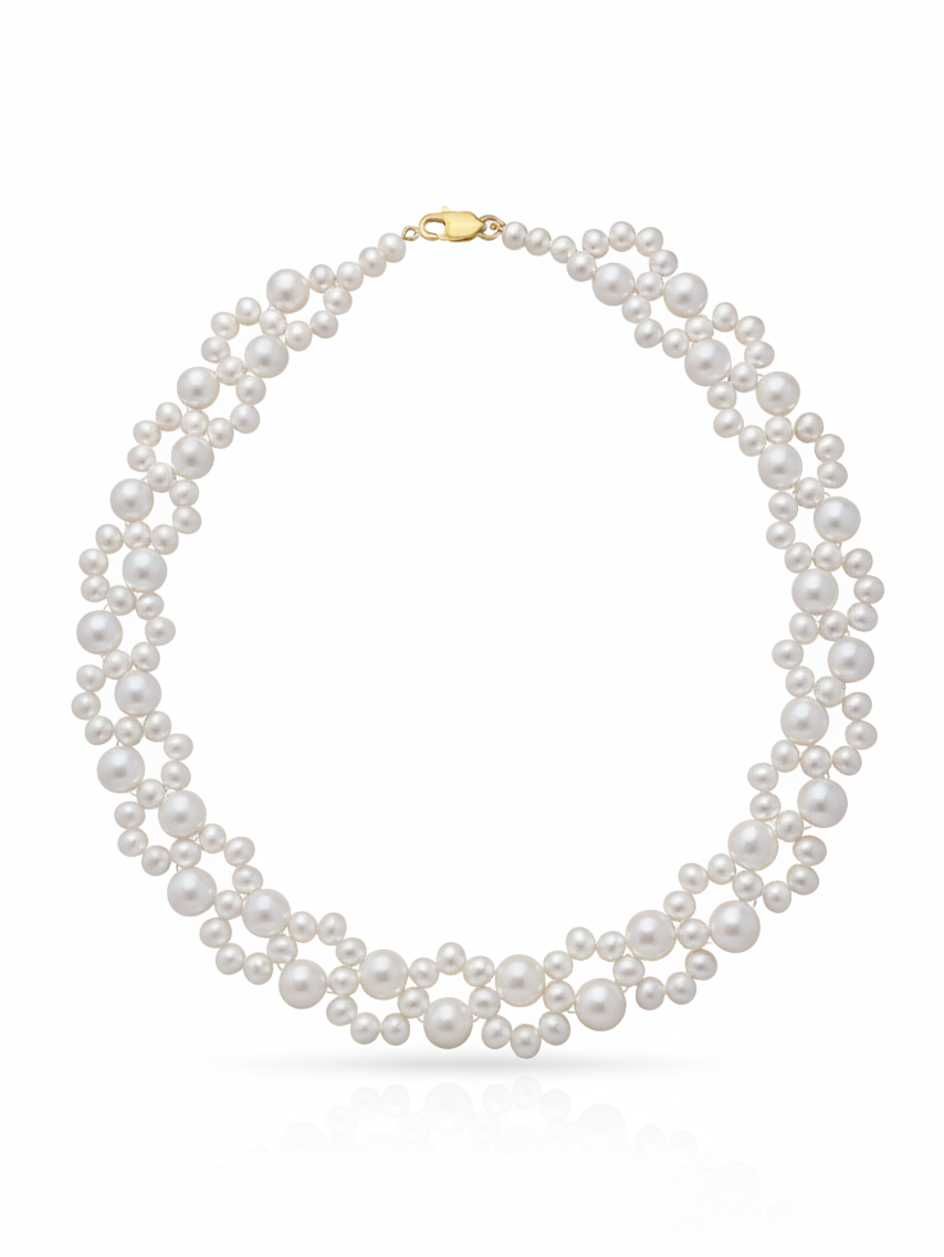 Pearl necklace with a gold clasp on a white background