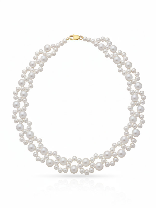 Pearl necklace with a gold clasp on a white background