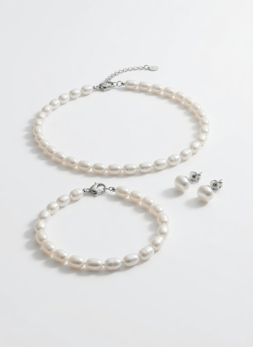 Love Unbound Signature Oval White Freshwater Pearl Full Set in Sterling Silver
