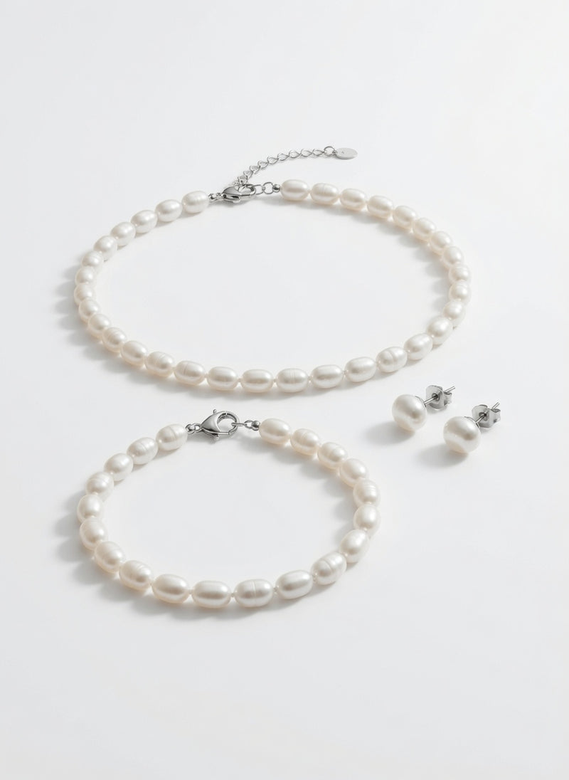 Love Unbound Signature Oval White Freshwater Pearl Full Set in Sterling Silver